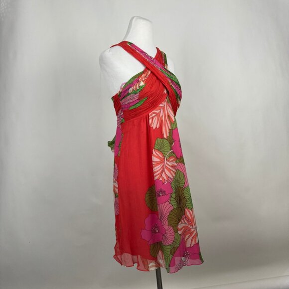 Tibi Orange Pink Chiffon Dress 6 Sleeveless Silk Floral Hibiscus Tropical Tiki - Picture 7 of 9